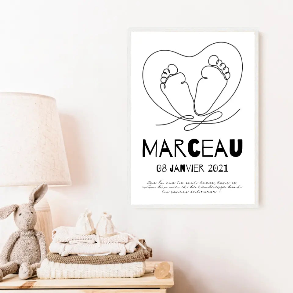 Tableau Naissance Personnalisé Line Art "Pieds Cœur"