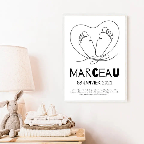 Tableau Naissance Personnalisé Line Art "Pieds Cœur"