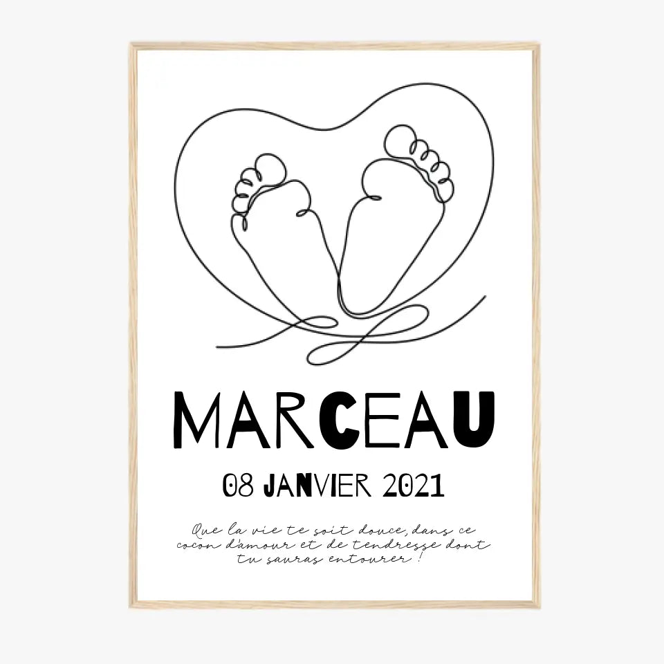 Tableau Naissance Personnalisé Line Art "Pieds Cœur"
