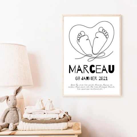Tableau Naissance Personnalisé Line Art "Pieds Cœur"