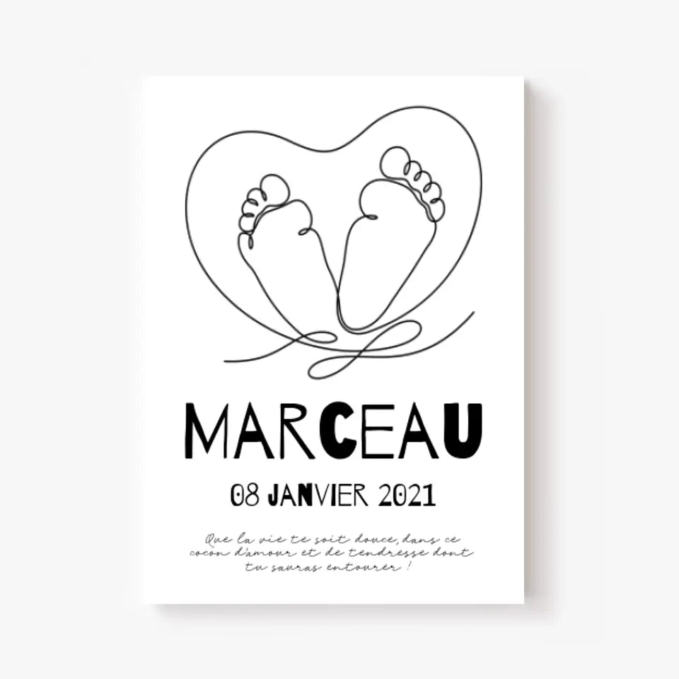 Tableau Naissance Personnalisé Line Art "Pieds Cœur"