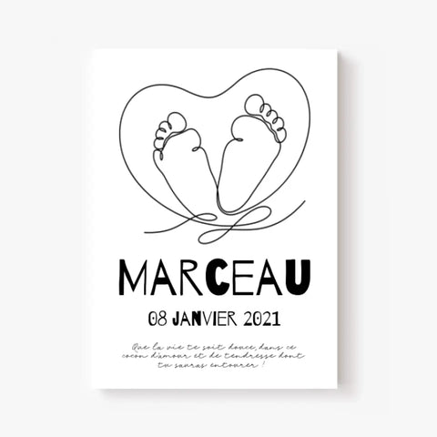 Tableau Naissance Personnalisé Line Art "Pieds Cœur"