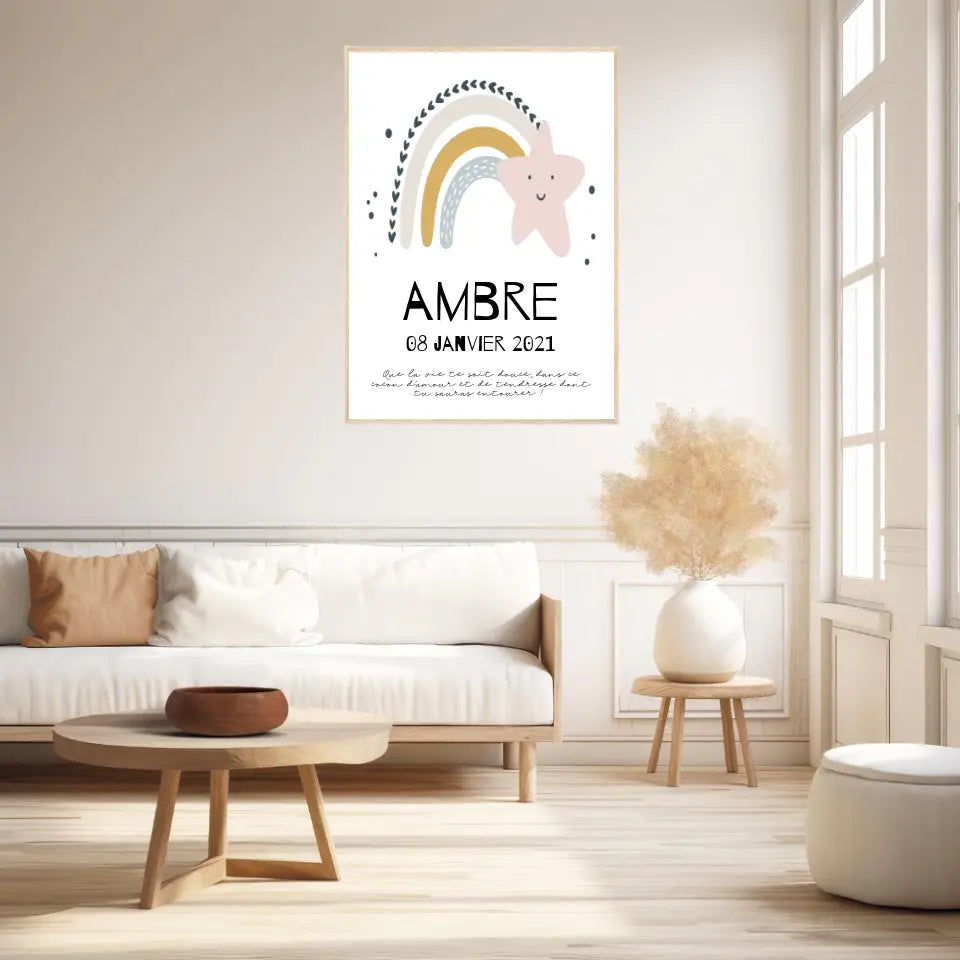 Tableau Naissance Personnalisé Arc-en-Ciel "Étoile Rose"