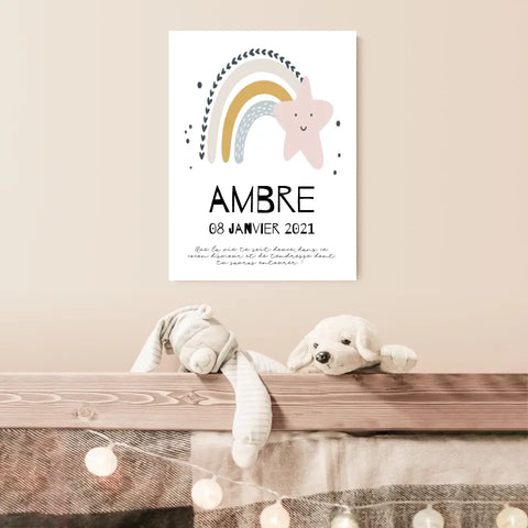 Tableau Naissance Personnalisé Arc-en-Ciel "Étoile Rose"
