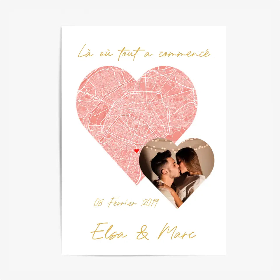 Cadre Personnalisé de votre Couple avec la Carte de la Ville de rencontre et votre Photo coup de Coeur