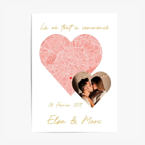 Cadre Personnalisé de votre Couple avec la Carte de la Ville de rencontre et votre Photo coup de Coeur