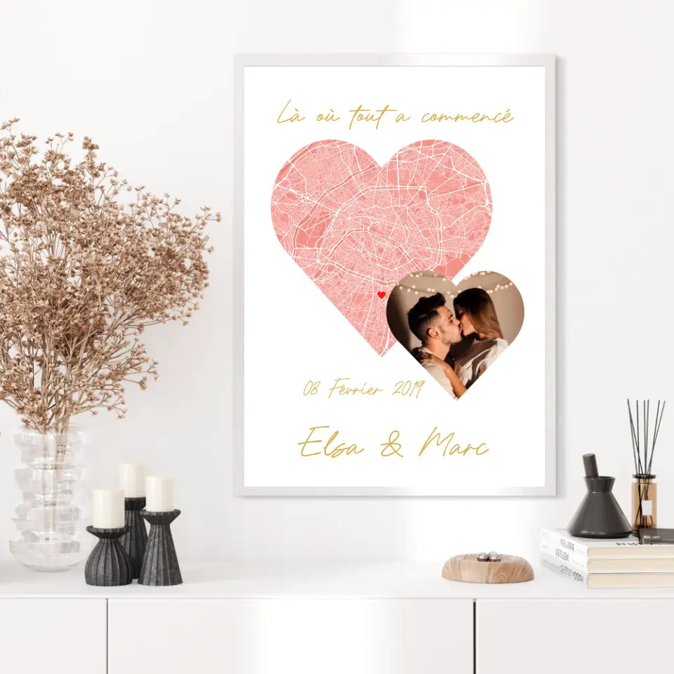 Cadre Personnalisé de votre Couple avec la Carte de la Ville de rencontre et votre Photo coup de Coeur