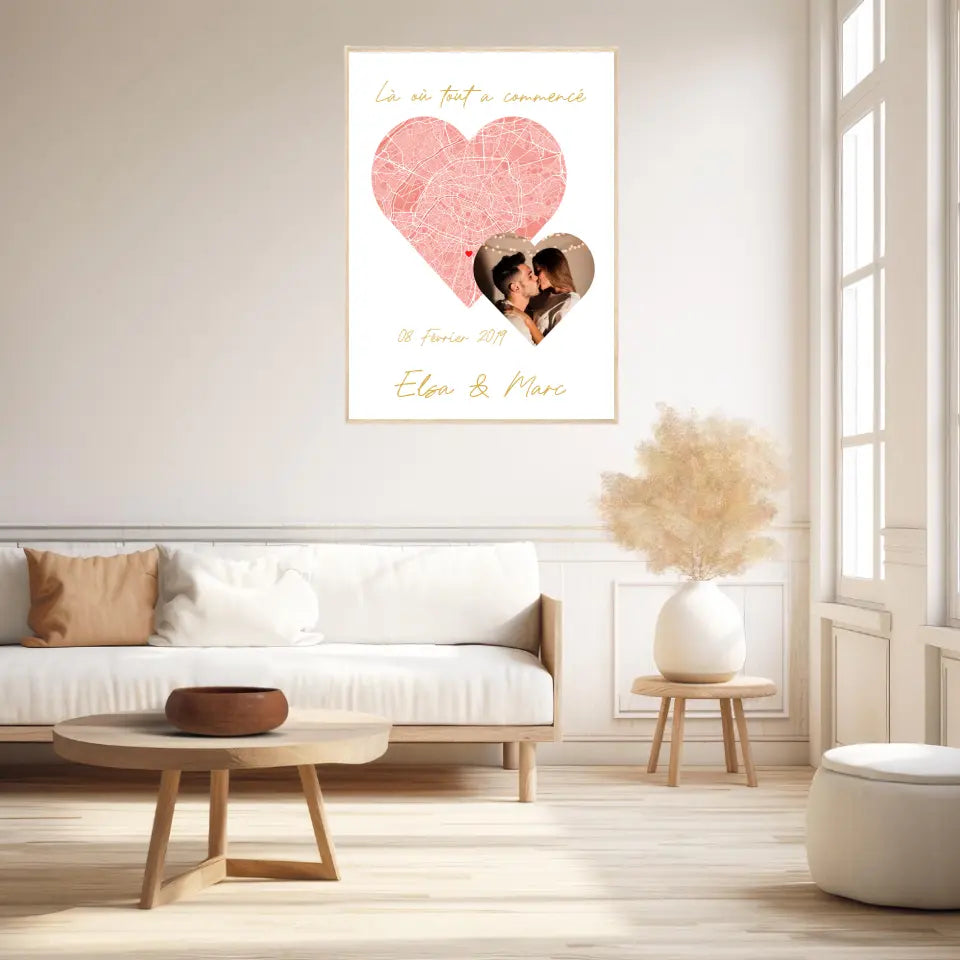 Cadre Personnalisé de votre Couple avec la Carte de la Ville de rencontre et votre Photo coup de Coeur