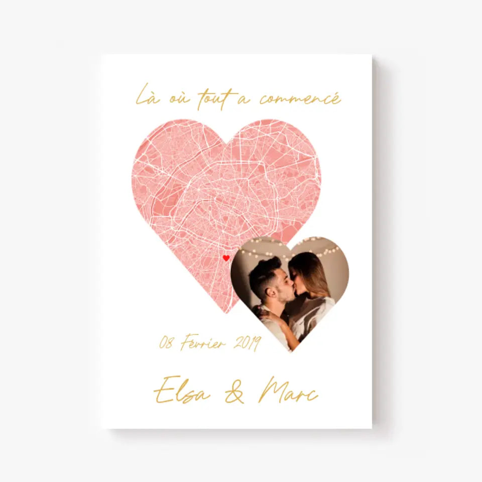 Cadre Personnalisé de votre Couple avec la Carte de la Ville de rencontre et votre Photo coup de Coeur