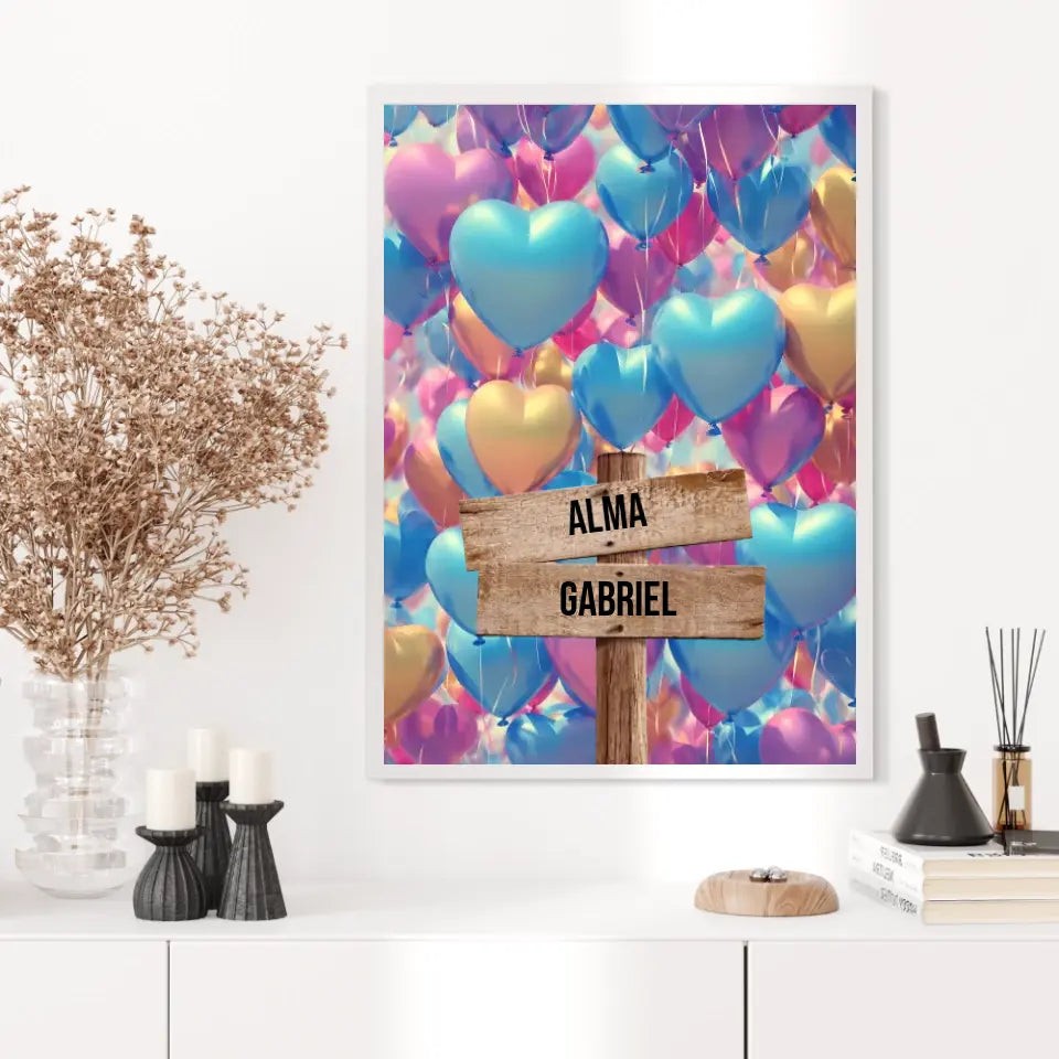 Tableau Personnalisé Prénoms Famille Ballon Coeur