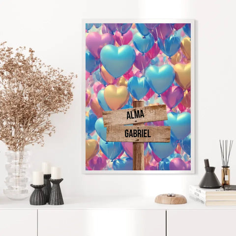 Tableau Personnalisé Prénoms Famille Ballon Coeur