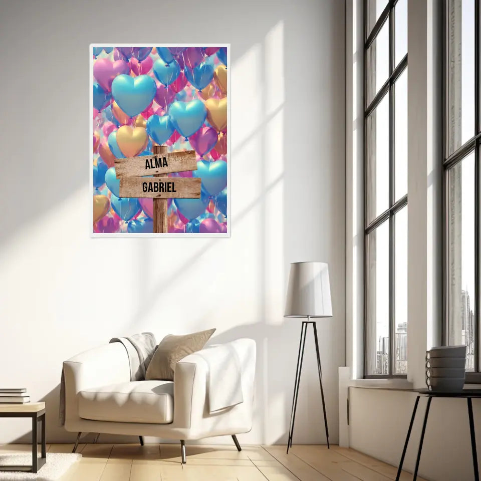 Tableau Personnalisé Prénoms Famille Ballon Coeur