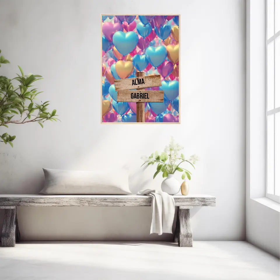 Tableau Personnalisé Prénoms Famille Ballon Coeur