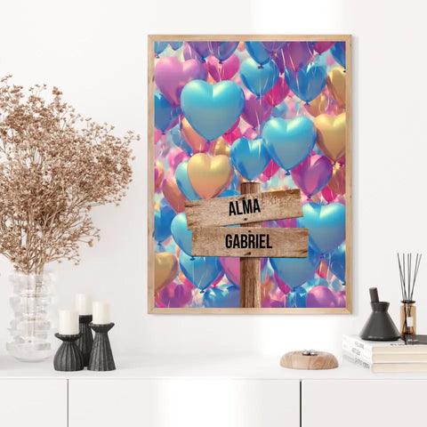 Tableau Personnalisé Prénoms Famille Ballon Coeur