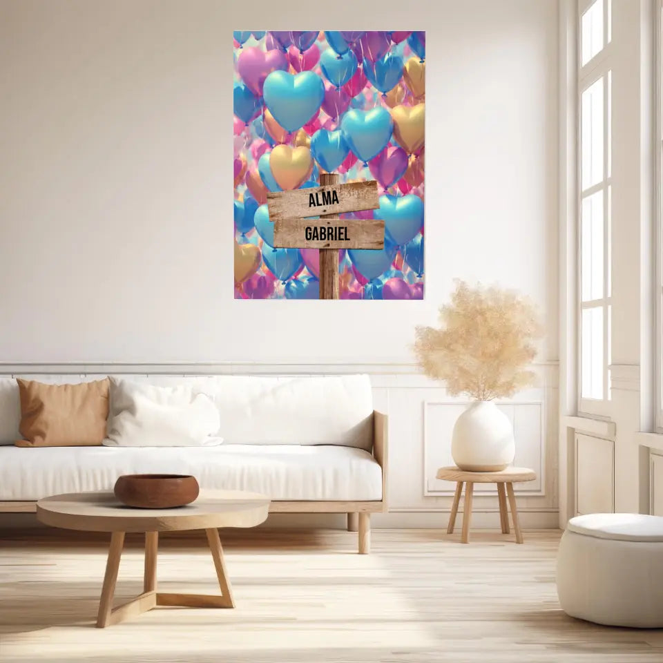 Tableau Personnalisé Prénoms Famille Ballon Coeur