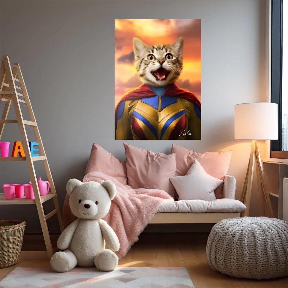 Tableau Animaux Portrait Personnalisé Super Héros Chat