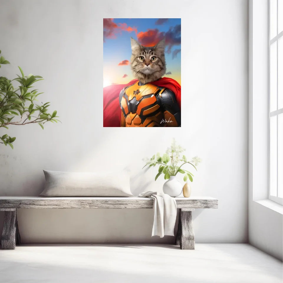 Tableau Animaux Portrait Personnalisé Super Héros Chat Maine Coon