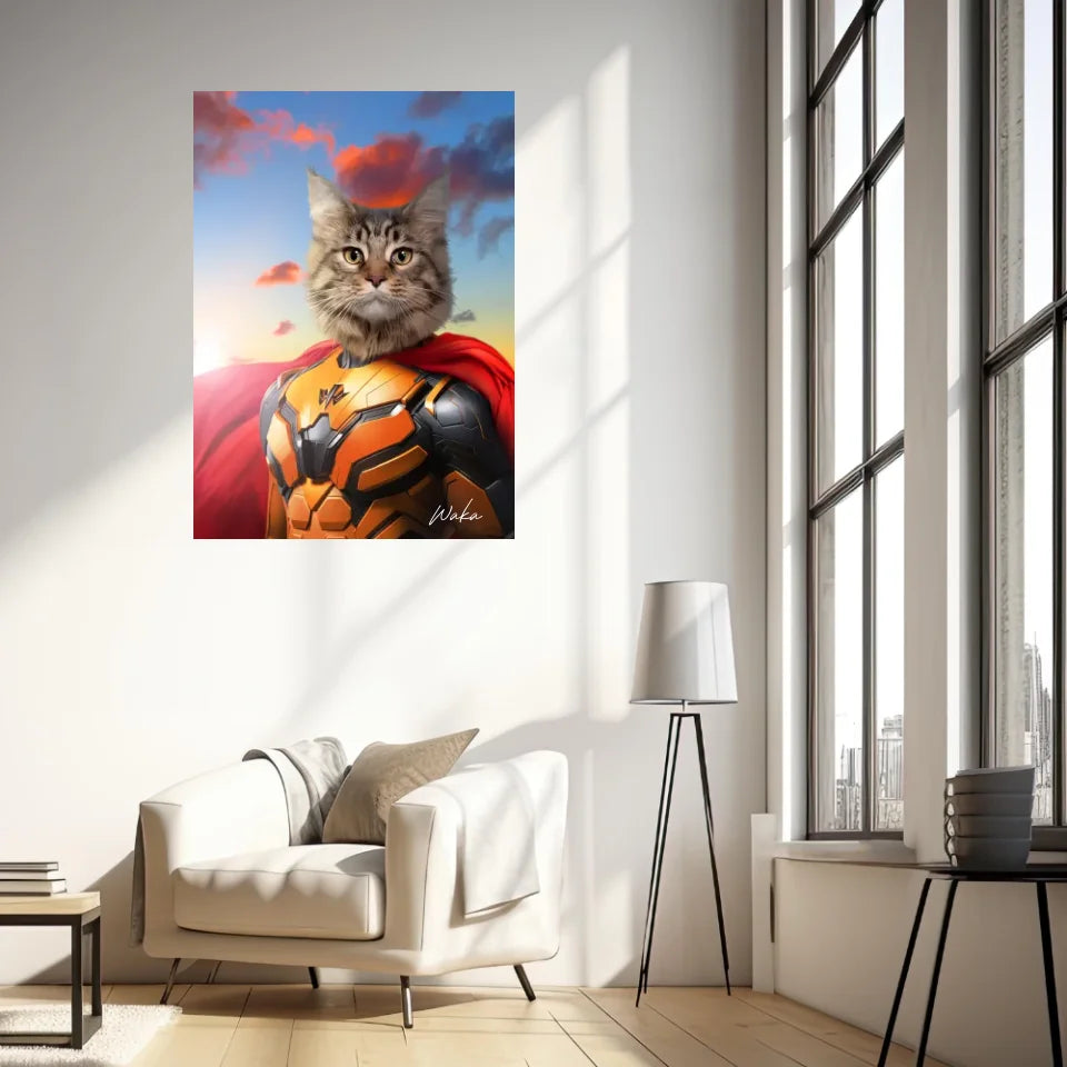 Tableau Animaux Portrait Personnalisé Super Héros Chat Maine Coon