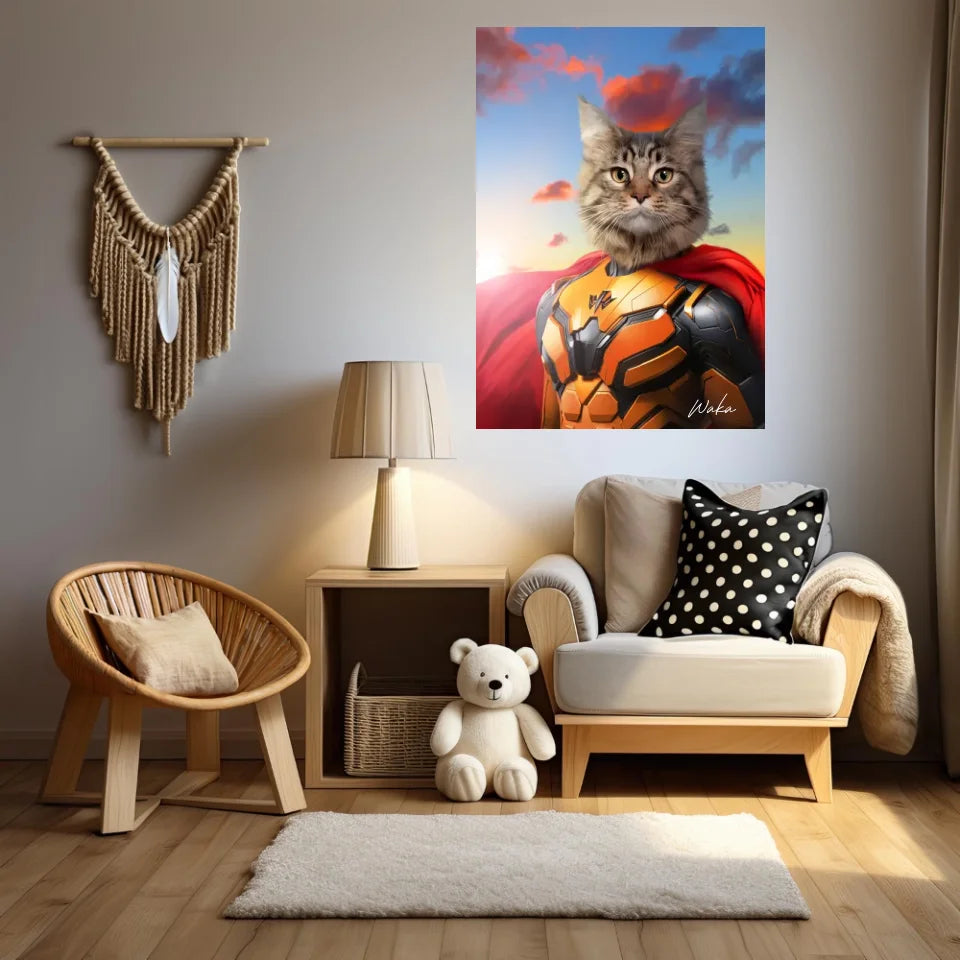 Tableau Animaux Portrait Personnalisé Super Héros Chat Maine Coon