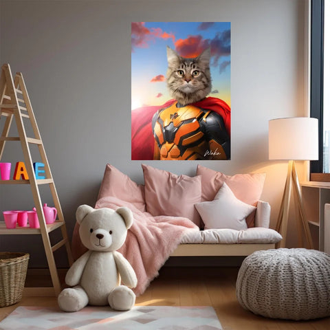Tableau Animaux Portrait Personnalisé Super Héros Chat Maine Coon