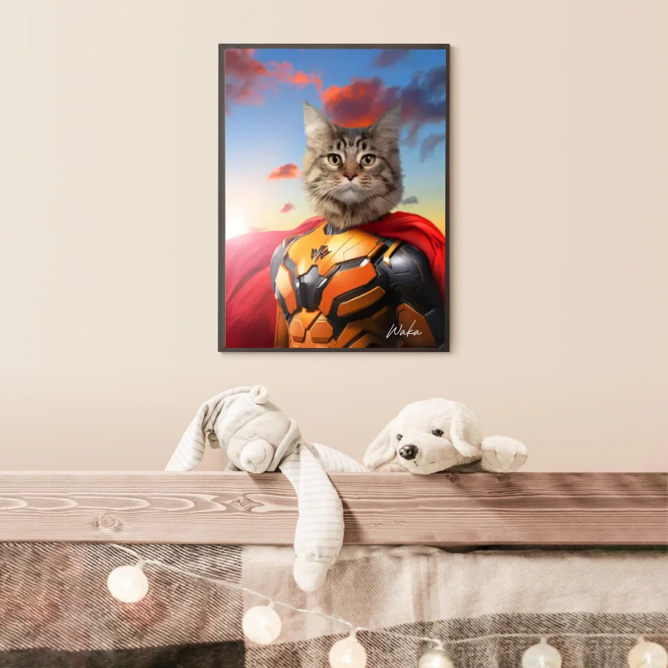 Tableau Animaux Portrait Personnalisé Super Héros Chat Maine Coon