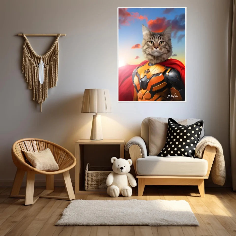 Tableau Animaux Portrait Personnalisé Super Héros Chat Maine Coon
