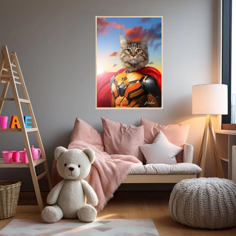 Tableau Animaux Portrait Personnalisé Super Héros Chat Maine Coon