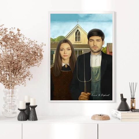 Tableau Personnalisé Portrait Photo Couple Royal American Gothic de Grant Wood