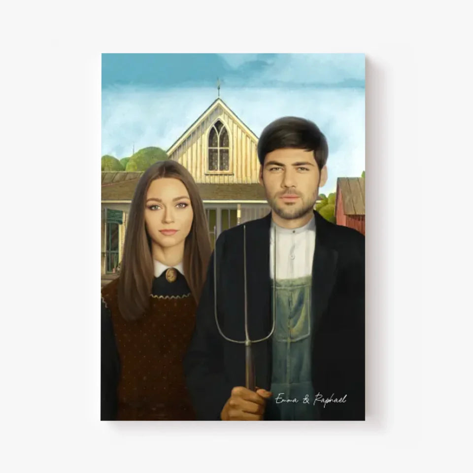 Tableau Personnalisé Portrait Photo Couple Royal American Gothic de Grant Wood