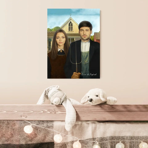 Tableau Personnalisé Portrait Photo Couple Royal American Gothic de Grant Wood
