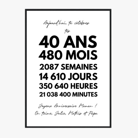Affiche Personnalisée Message Anniversaire 40 Ans