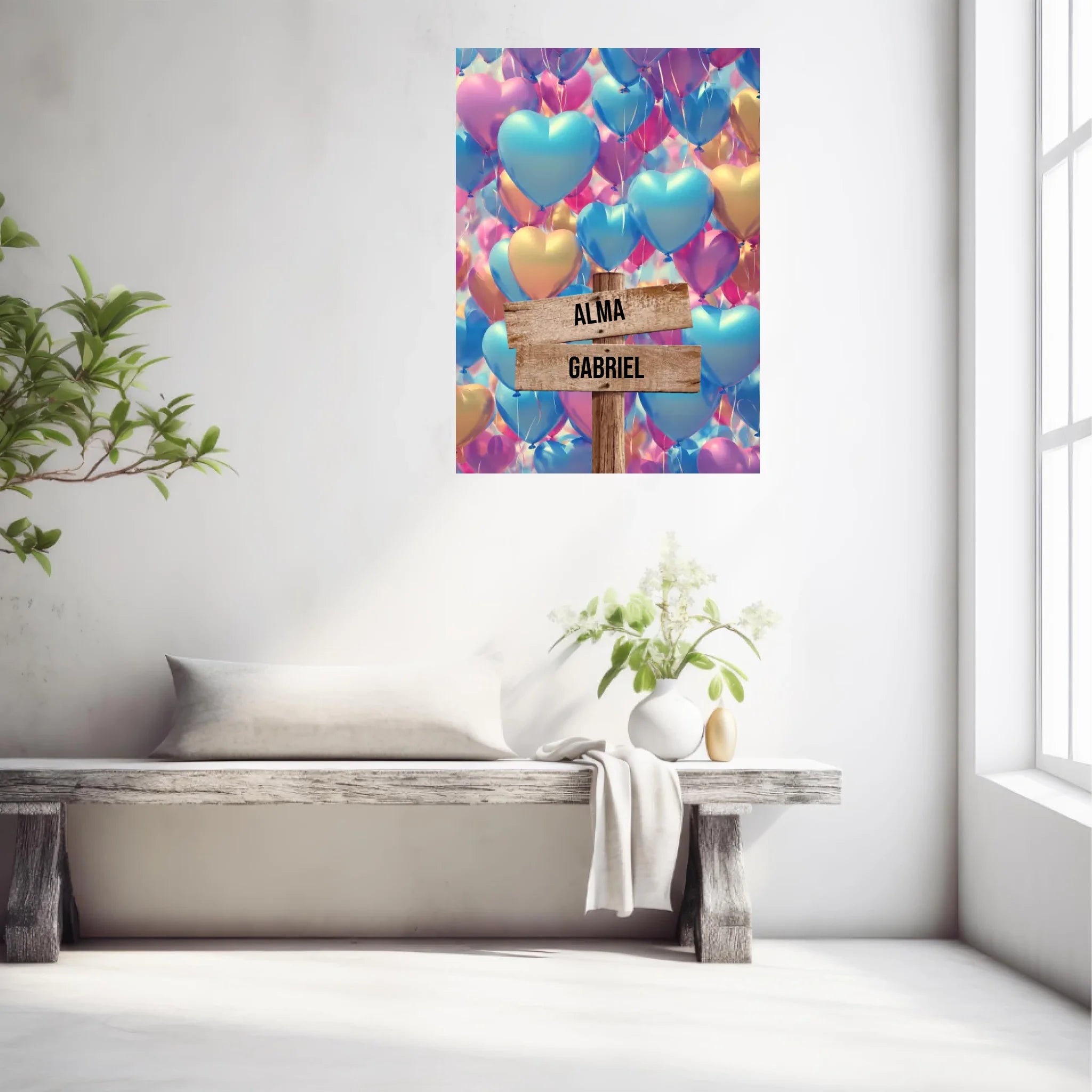 Tableau Personnalisé Prénoms Famille Ballon Coeur