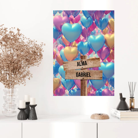 Tableau Personnalisé Prénoms Famille Ballon Coeur