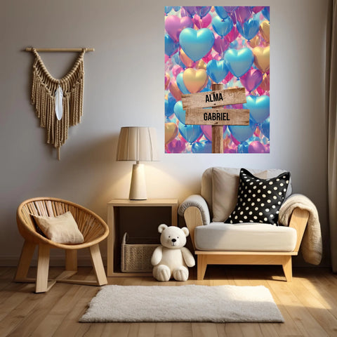 Tableau Personnalisé Prénoms Famille Ballon Coeur