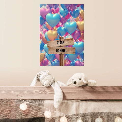 Tableau Personnalisé Prénoms Famille Ballon Coeur