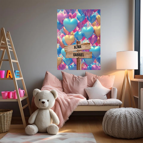 Tableau Personnalisé Prénoms Famille Ballon Coeur