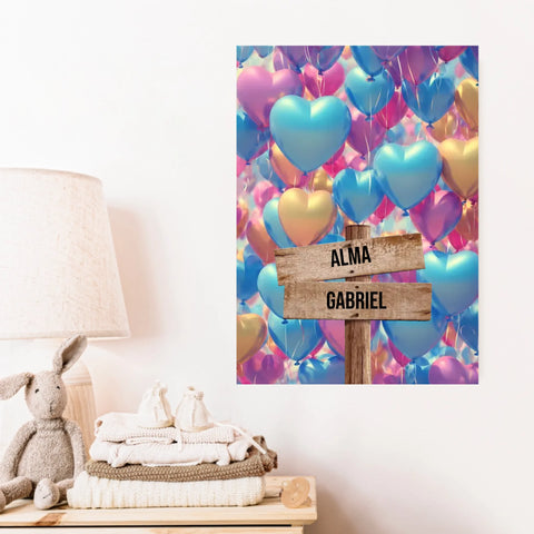 Tableau Personnalisé Prénoms Famille Ballon Coeur