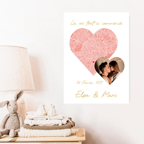 Cadre Personnalisé de votre Couple avec la Carte de la Ville de rencontre et votre Photo coup de Coeur