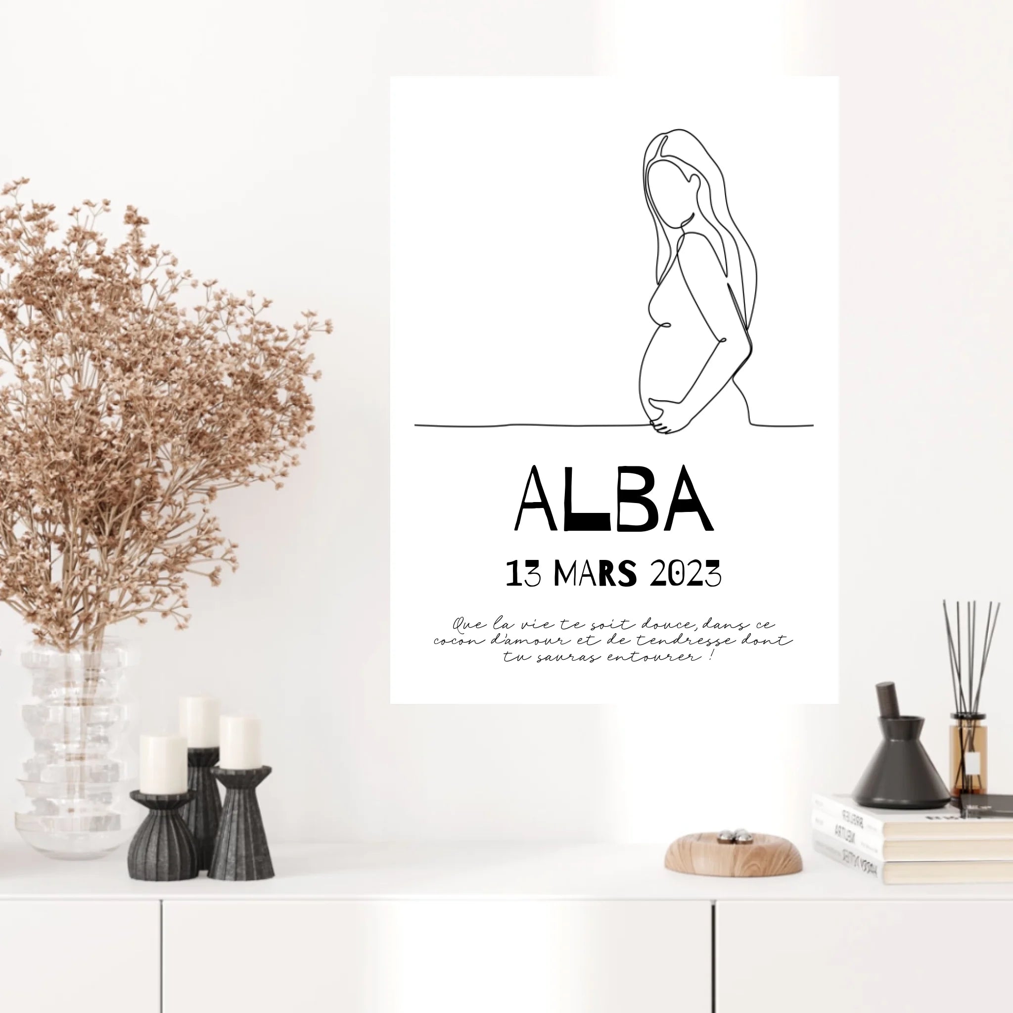 Affiche Naissance Personnalisé Line Art Femme Enceinte