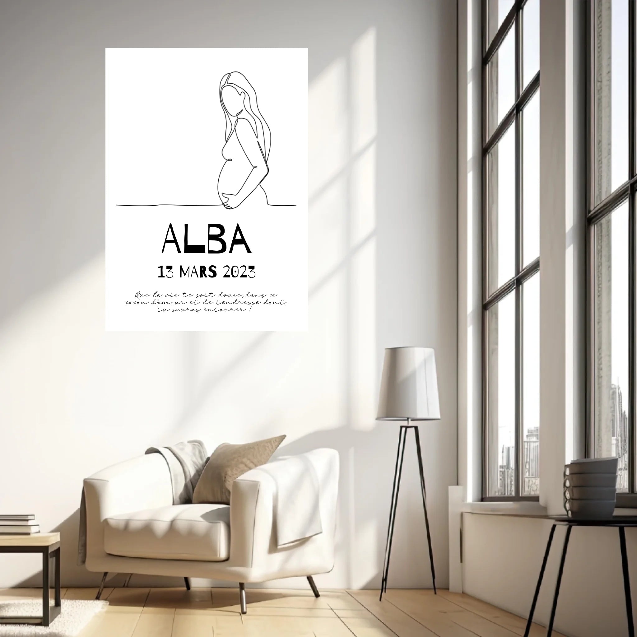 Affiche Naissance Personnalisé Line Art Femme Enceinte