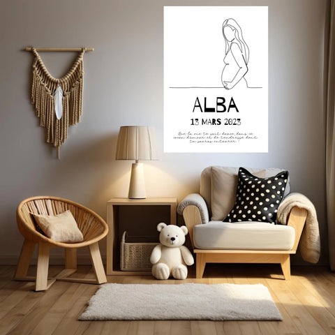 Affiche Naissance Personnalisé Line Art Femme Enceinte