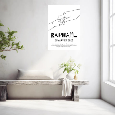 Affiche Naissance Personnalisé Line Art Mains Famille