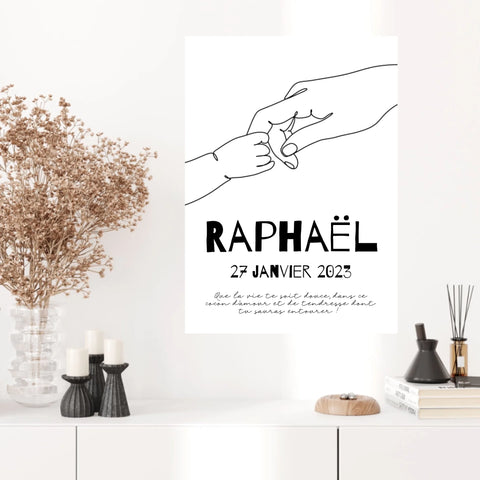 Affiche Naissance Personnalisé Line Art Mains Famille