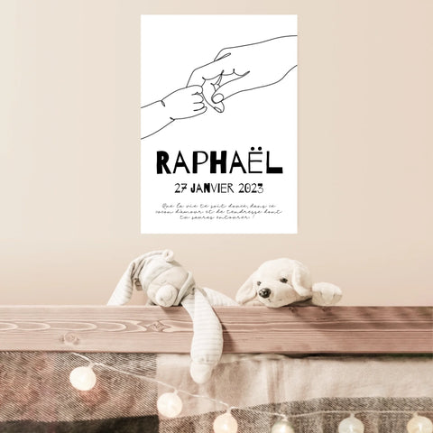 Affiche Naissance Personnalisé Line Art Mains Famille