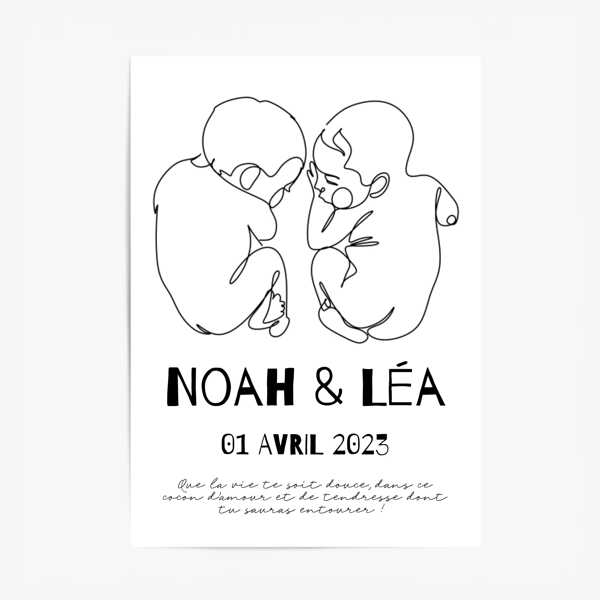Affiche Naissance Personnalisé Line Art Jumeaux