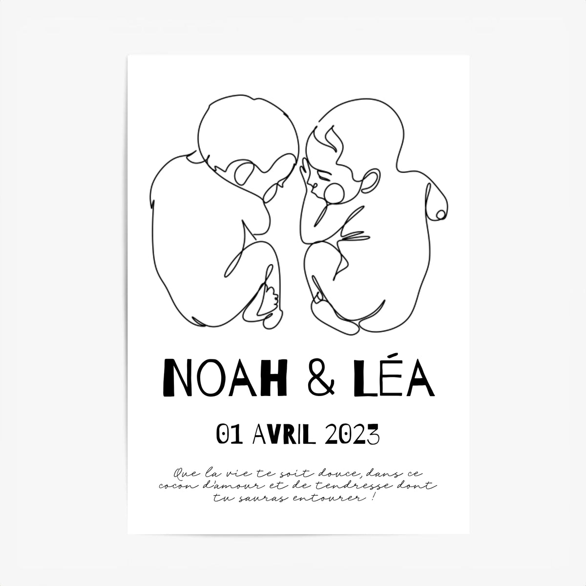 Affiche Naissance Personnalisé Line Art Jumeaux