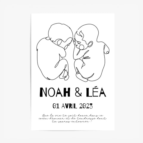 Affiche Naissance Personnalisé Line Art Jumeaux