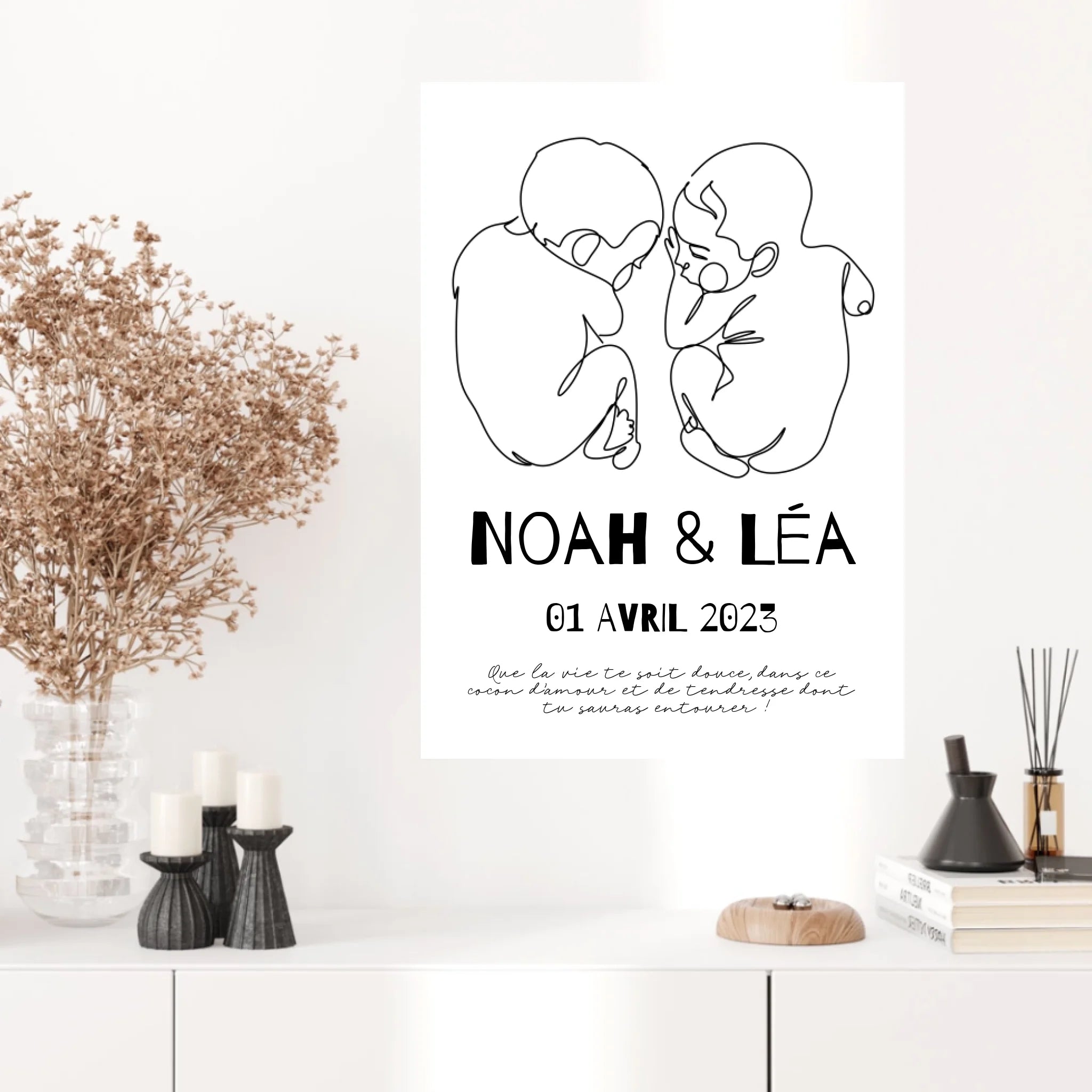 Affiche Naissance Personnalisé Line Art Jumeaux