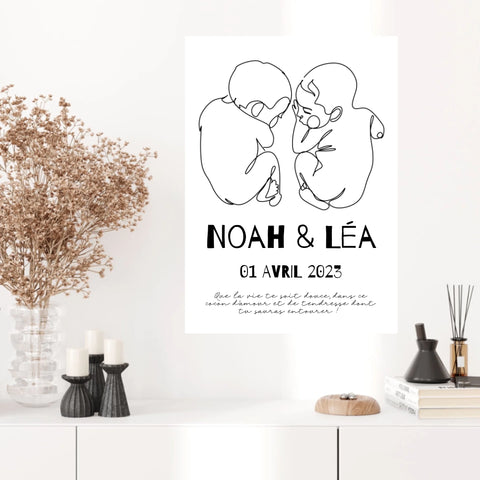 Affiche Naissance Personnalisé Line Art Jumeaux