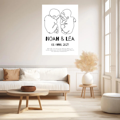 Affiche Naissance Personnalisé Line Art Jumeaux